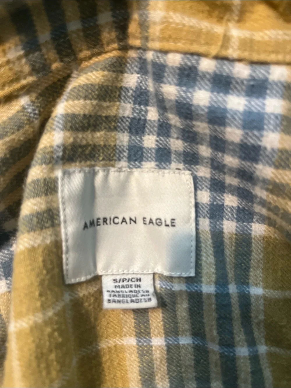 American Eagle Hooded Flannel Shirt S Plaid Yellow Blue Removable Hood